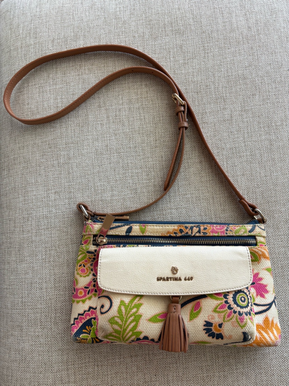 Spartina 449 Floral Crossbody Bag Canvas Leather Trim Tassel Coastal - Picture 14 of 14